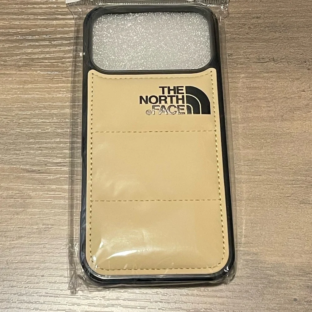 The North Face Beige Card Slot Leather Phone Case with Logo